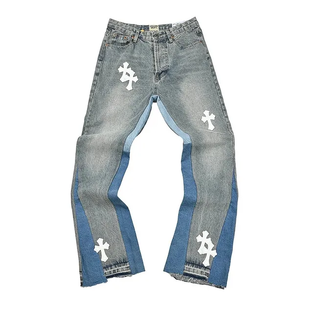 Chrome Hearts Cross Patch Jeans Distressed Denim with White Cross Patches