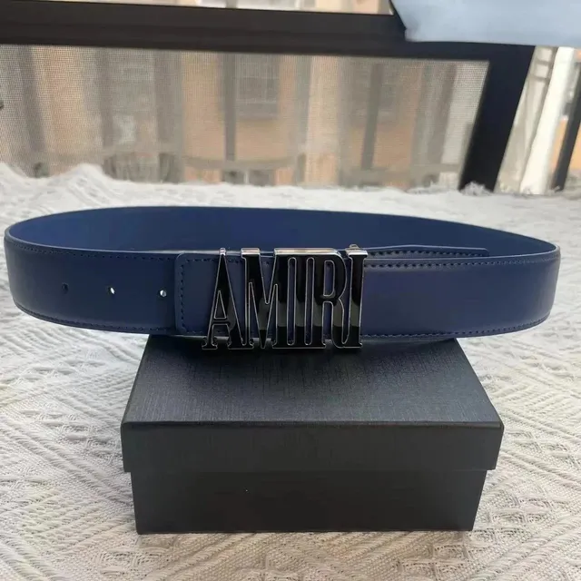 Amiri Logo Buckle Belt Navy Leather