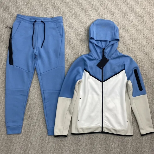 Paired with blue sweatpants pants