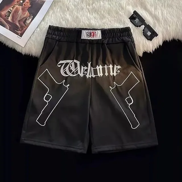 Hellstar Gun Print Shorts Gothic Logo & Pistol Outline