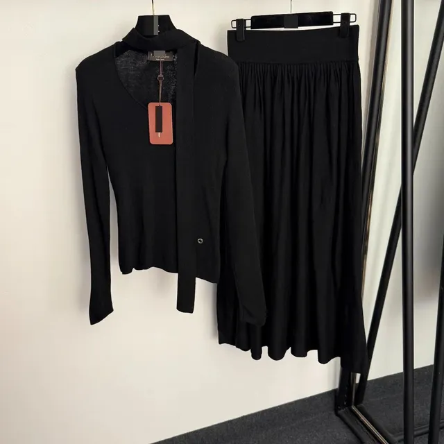 Knit Top and Skirt Set Solid Black