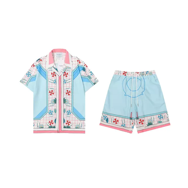 Casablanca Printed Camp Collar Shirt and Shorts Set Grid and Floral Motif