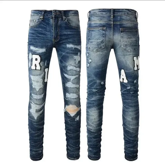 Amiri Distressed Slim Fit Jeans Ripped with Appliqué Letters