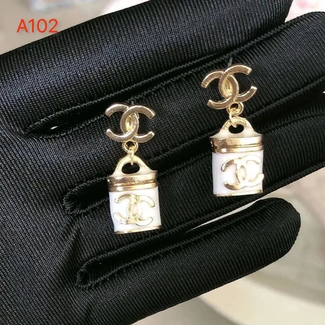 Chanel Bucket Charm Earrings White Enamel with Gold CC