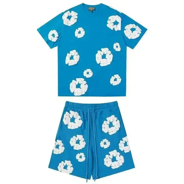 Balenciaga Flower-Embroidered Set Blue with White Floral Appliqué