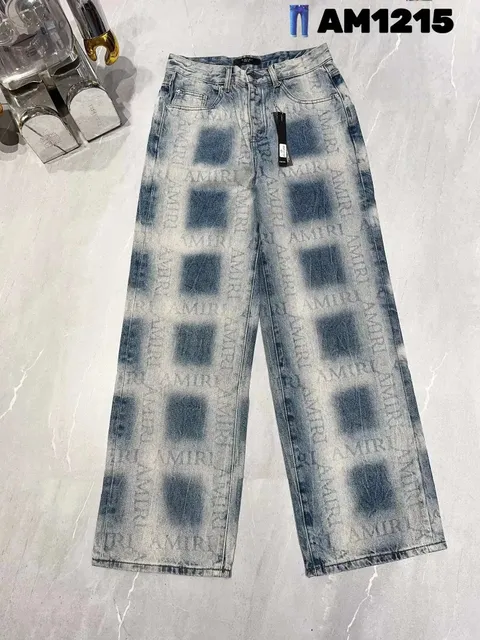 Amiri Logo-Print Wide-Leg Jeans Acid Wash Grid Print
