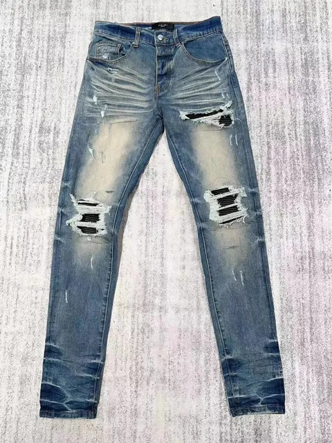 Amiri Distressed Slim Fit Jeans Worn-in Wash with Grid Patch Rips