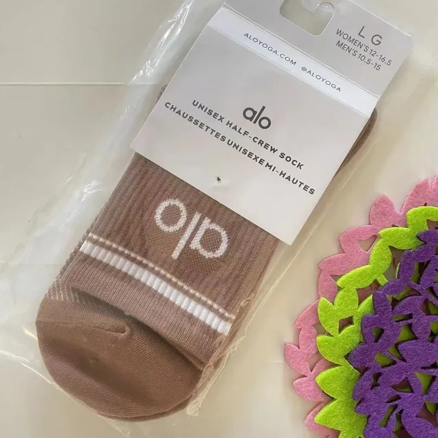 Alo Yoga Unisex Half-Crew Sock Brown with White Logo and Stripes