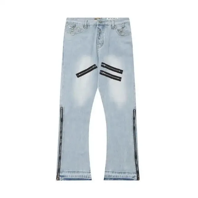 Zipper Detail Jeans Light Wash with Black Zippers