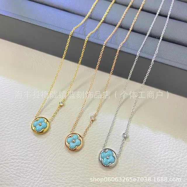 Swarovski Flower Pendant Necklace Turquoise Enamel Flower