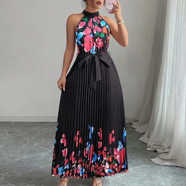 Halter Neck Pleated Maxi Dress Floral Print Black