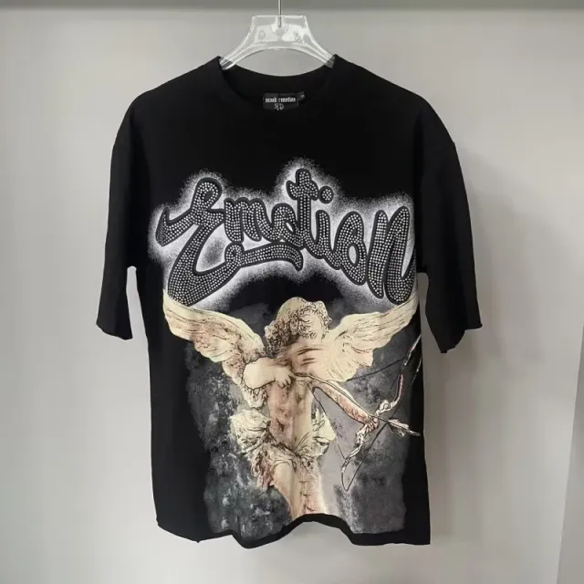 Mixed Emotion Emotion Graphic Tee Angel Print with Rhinestone Logo