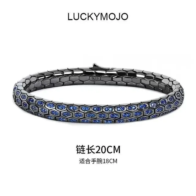 Hexagonal Pave Bracelet Black Rhodium with Blue Stones