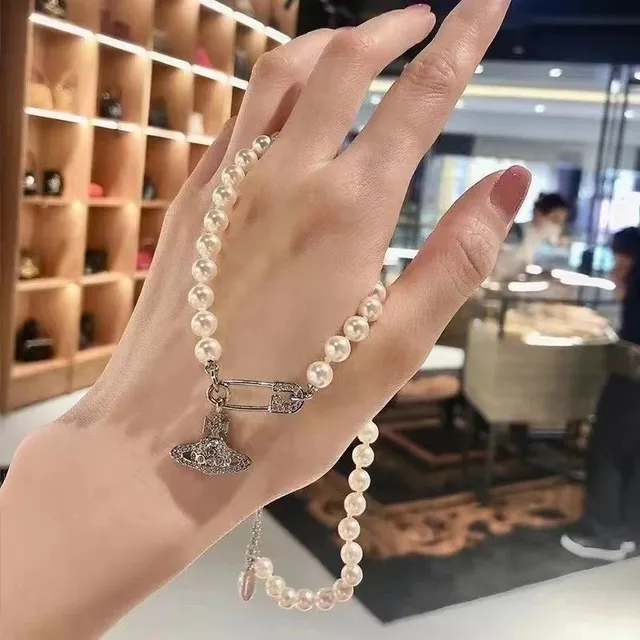 Vivienne Westwood Pearl Safety Pin Necklace Crystal Orb Pendant