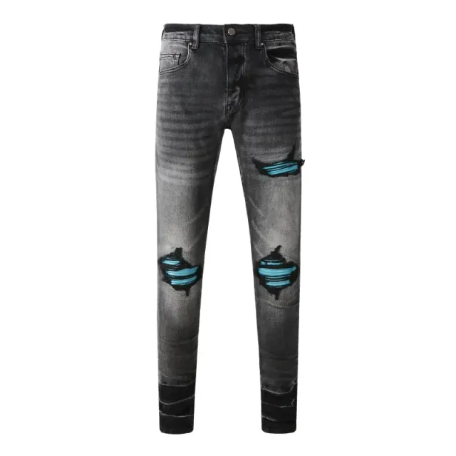 Amiri Distressed Jeans Black with Turquoise Repair Patches