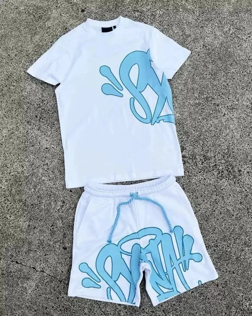 Graphic Tee and Shorts Set Light Blue Graffiti Print