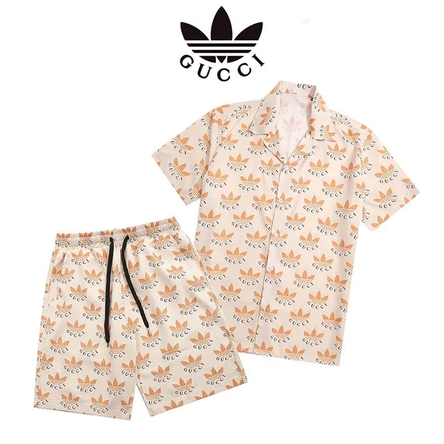 Camp Collar Shirt and Shorts Set Gucci x Adidas Logo Print