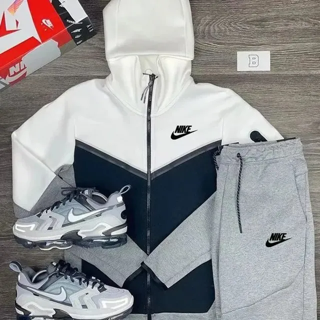 Nike Tech Fleece Hoodie and Joggers Set with Air Max TN White/Navy/Grey