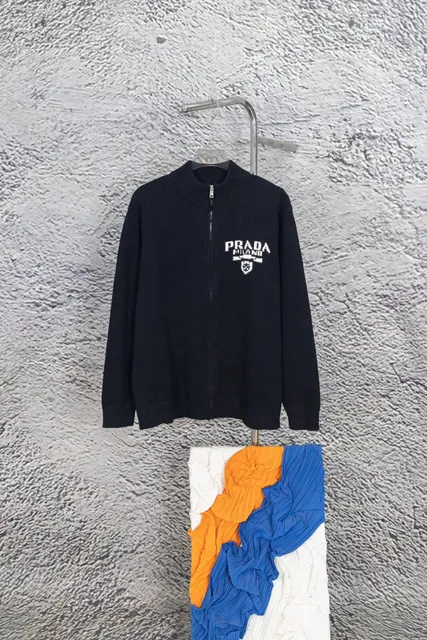 Prada Zip-Up Knit Sweater Milano Logo