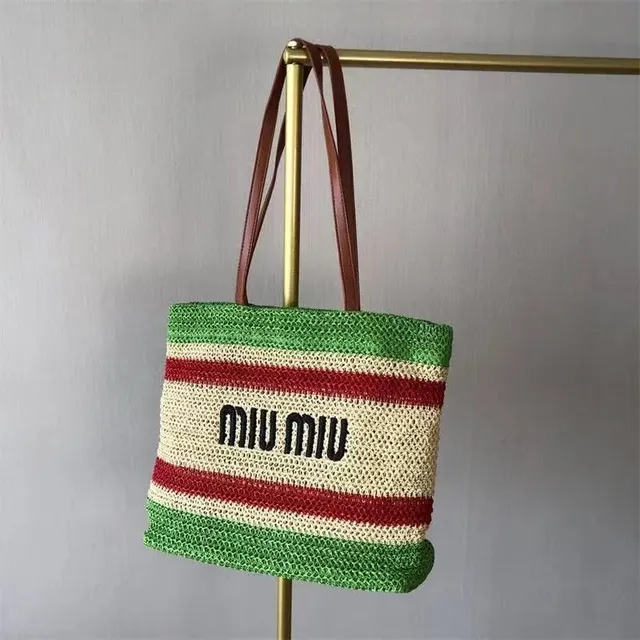 Miu Miu Striped Raffia Tote Logo Stripe