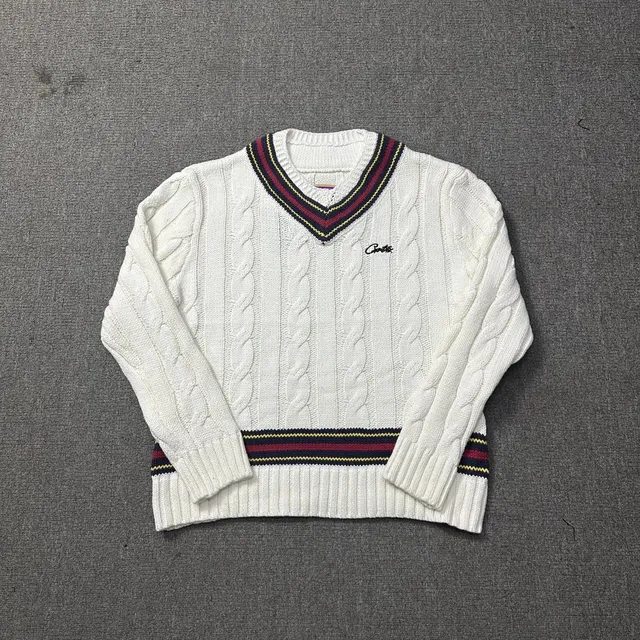 Corteiz V-Neck Cable Knit Sweater Tipped Collar and Hem
