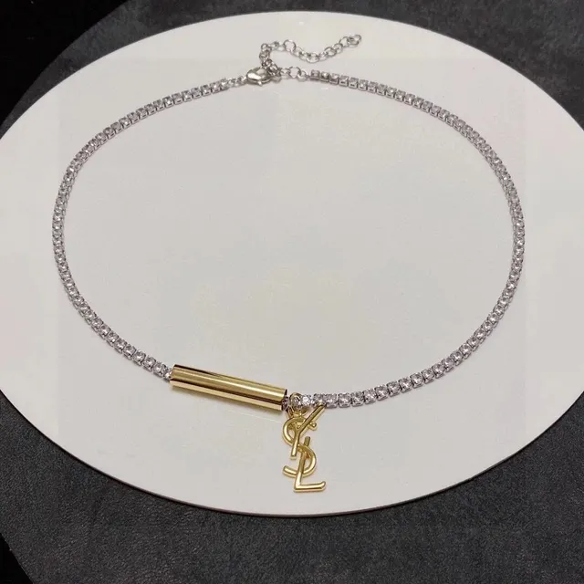 Saint Laurent Choker Necklace Crystal-Set with YSL Logo Charm
