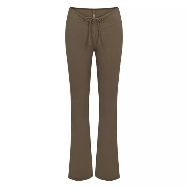 Ribbed Flare Trousers Drawstring Waist