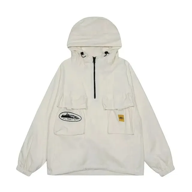 Half-Zip Hooded Jacket Off-White with Graphic Patch