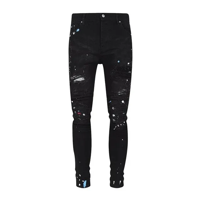 Distressed Paint-Splatter Jeans Black with Multi-Color Splatter