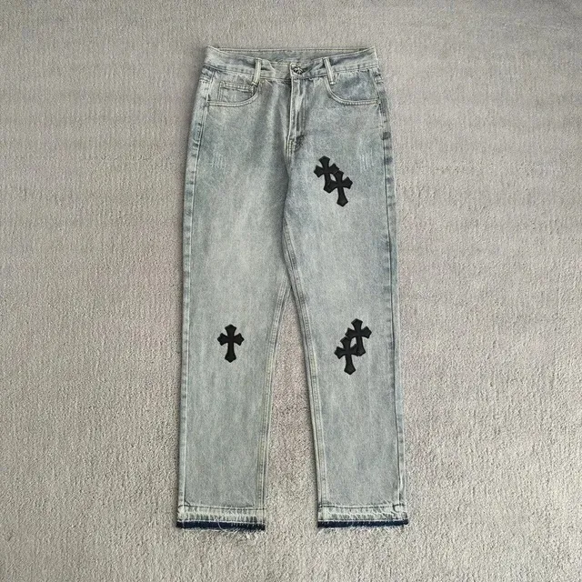 Chrome Hearts Cross Patch Jeans Light Wash with Black Cross Embroidery