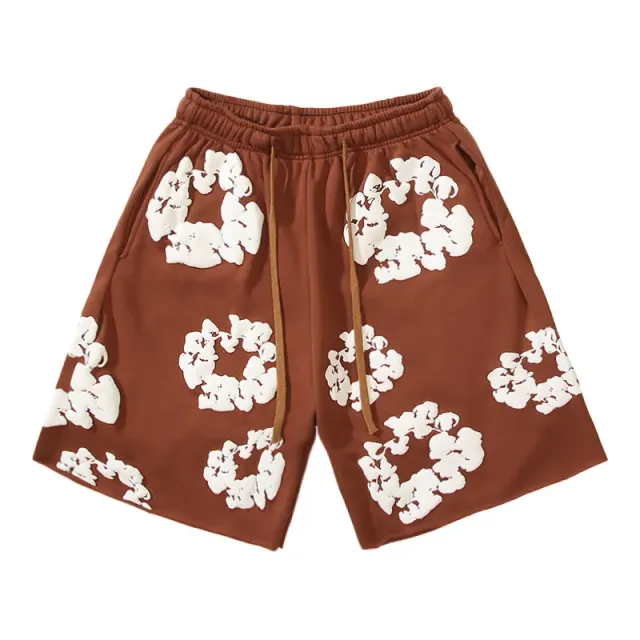 Denim Tears Wreath Print Shorts Brown with White Floral Wreath