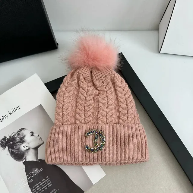 Chanel Knit Beanie Crystal CC Logo with Fur Pom-Pom