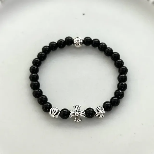 Chrome Hearts Beaded Bracelet Onyx with Cross Charms