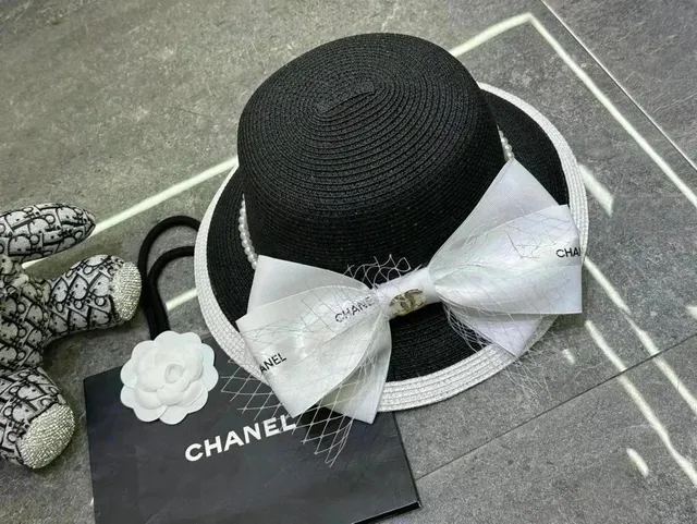 Chanel Straw Hat Pearl Trim with Camellia Bow