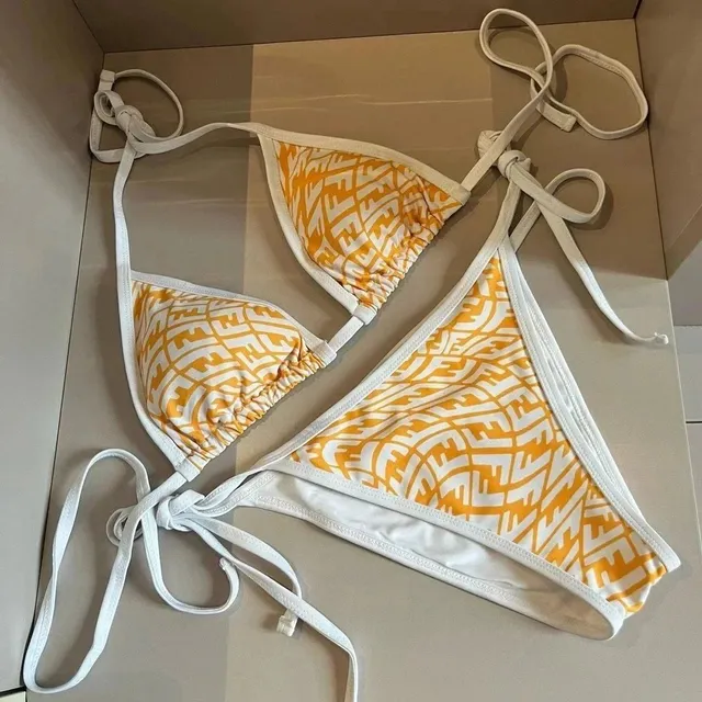 Fendi Triangle Bikini Set FF Logo Print Yellow/White