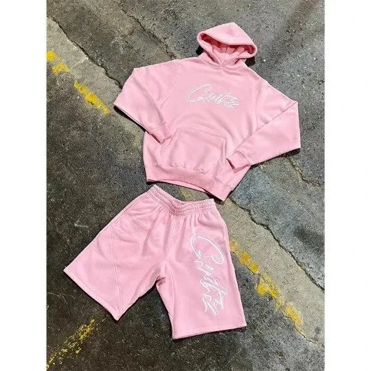Corteiz Hoodie and Shorts Set Pink with White Script Logo