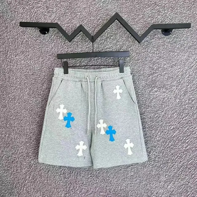 Chrome Hearts Cross-Embroidered Shorts Heather Grey with White and Blue Crosses