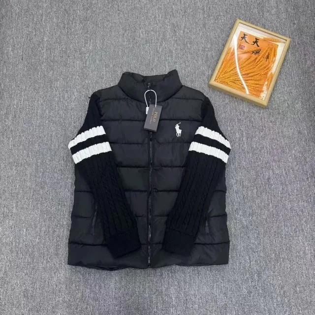Polo Ralph Lauren Puffer Vest with Knit Sleeves Black with White Stripes