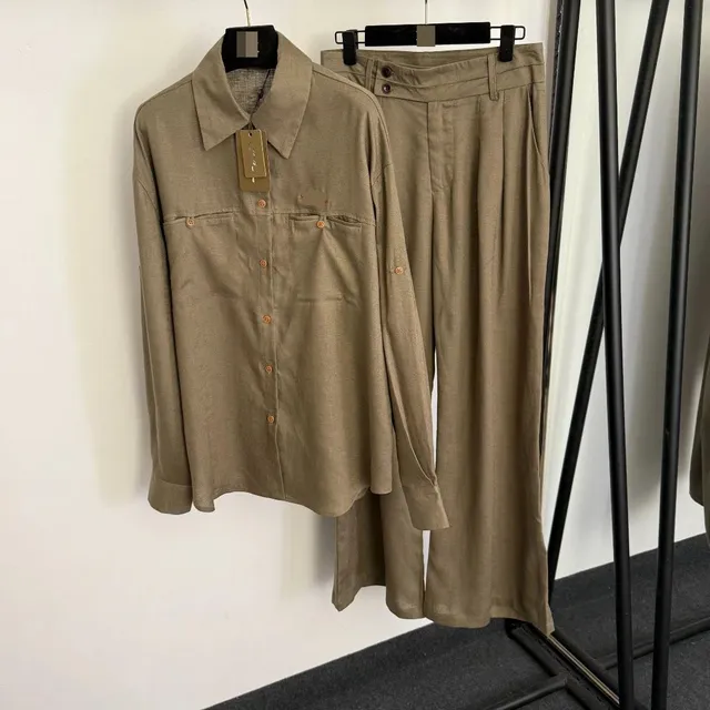 Shirt and Trousers Set Olive Beige Linen-Blend