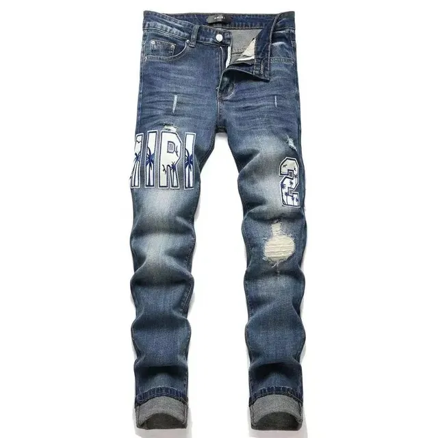 Distressed Denim Jeans Palm Tree Logo Print