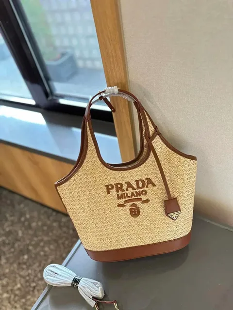 Prada Woven Tote Logo-Embossed Raffia