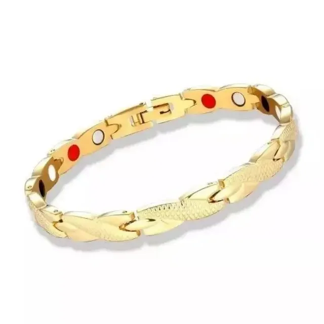 Magnetic Bracelet Gold Tone with Red and White Inlays