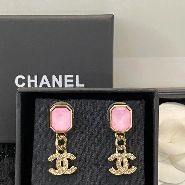 Chanel CC Logo Earrings Pink Resin with Crystal-Embellished CC