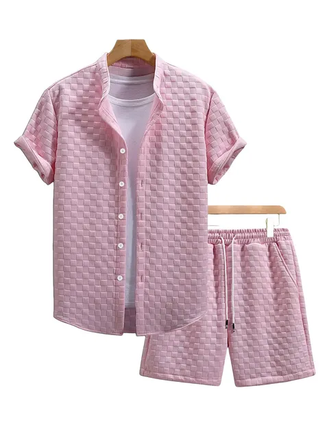 Quilted Short-Sleeve Shirt and Shorts Set Pink Checkered