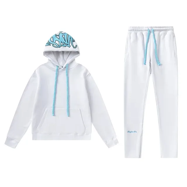 Hoodie and Joggers Set White with Light Blue Accents