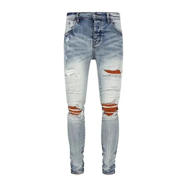 Distressed Slim Fit Jeans Light Wash with Orange Knee Panels