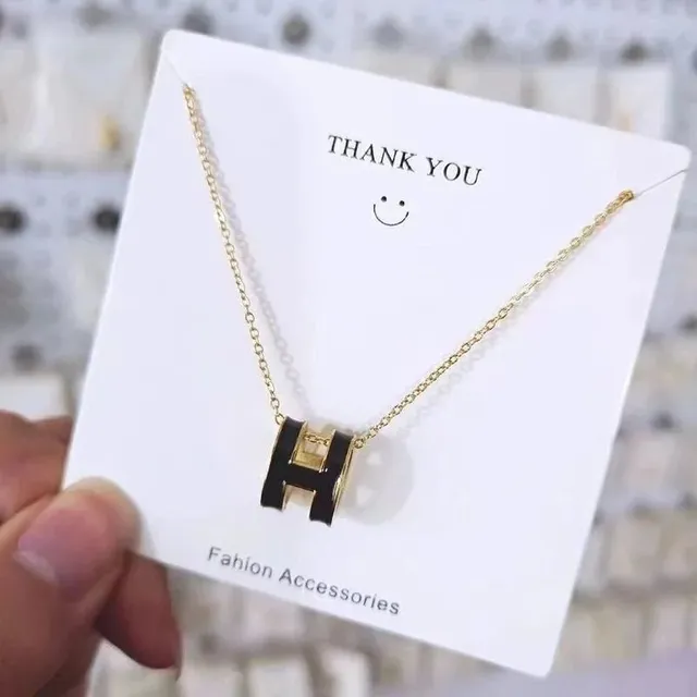 Hermès H Pendant Necklace Black Enamel H Charm