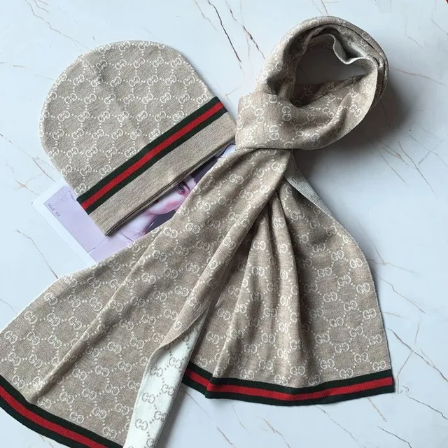 Gucci GG Monogram Scarf and Beanie Set Web Trim