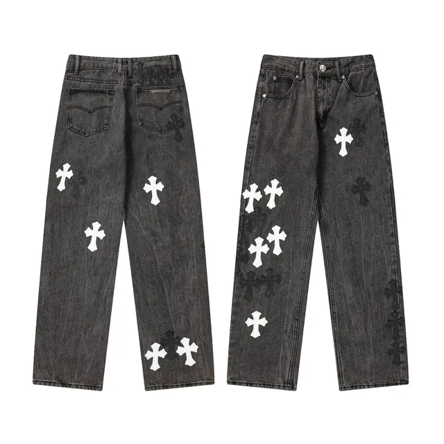 Chrome Hearts Cross Patch Jeans Black Wash with White and Black Cross Patches