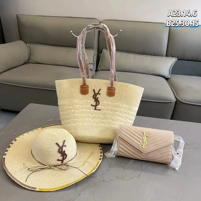 Saint Laurent Tote and Crossbody Set Straw and Quilted Leather